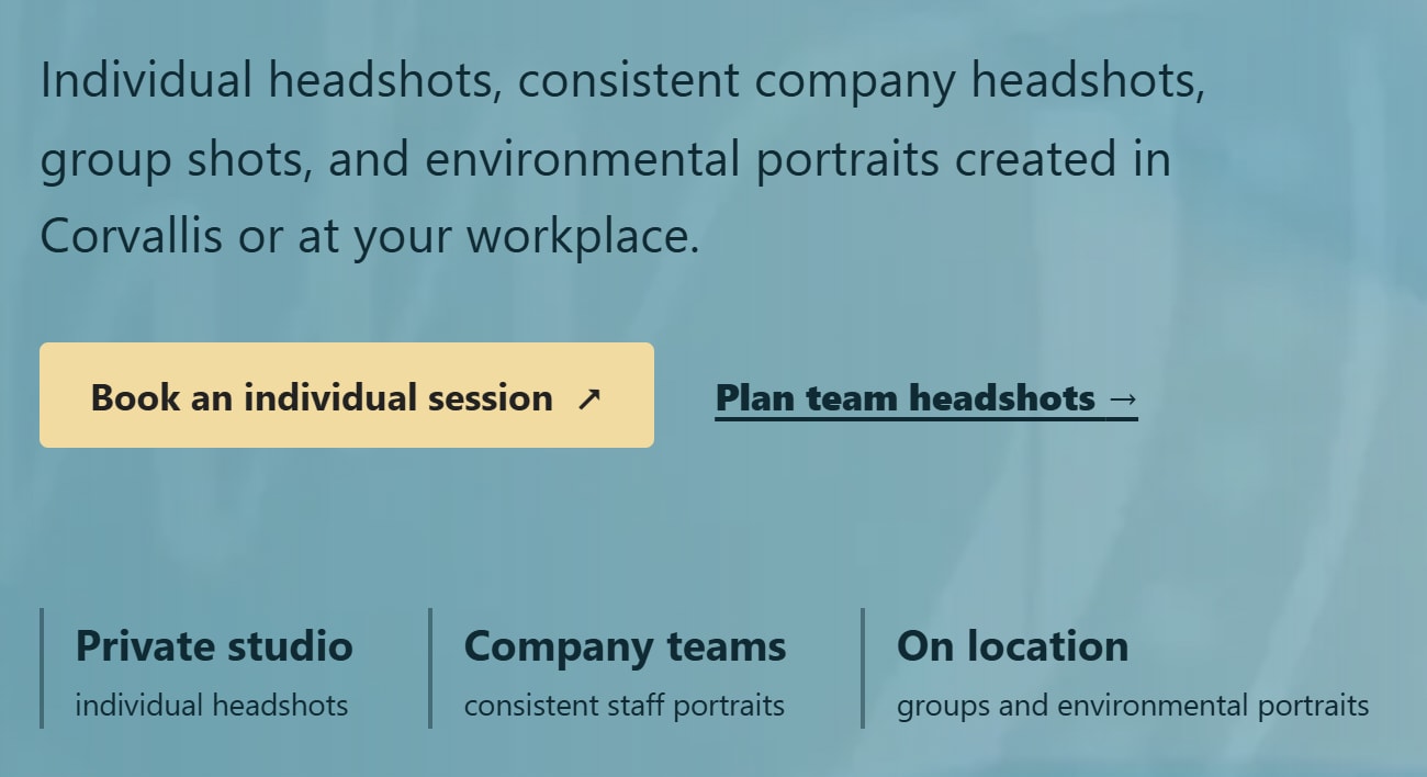 Desktop page excerpt from Headshot Heroes, showing the complete service introduction, individual-session and team-headshot actions, and three service paths