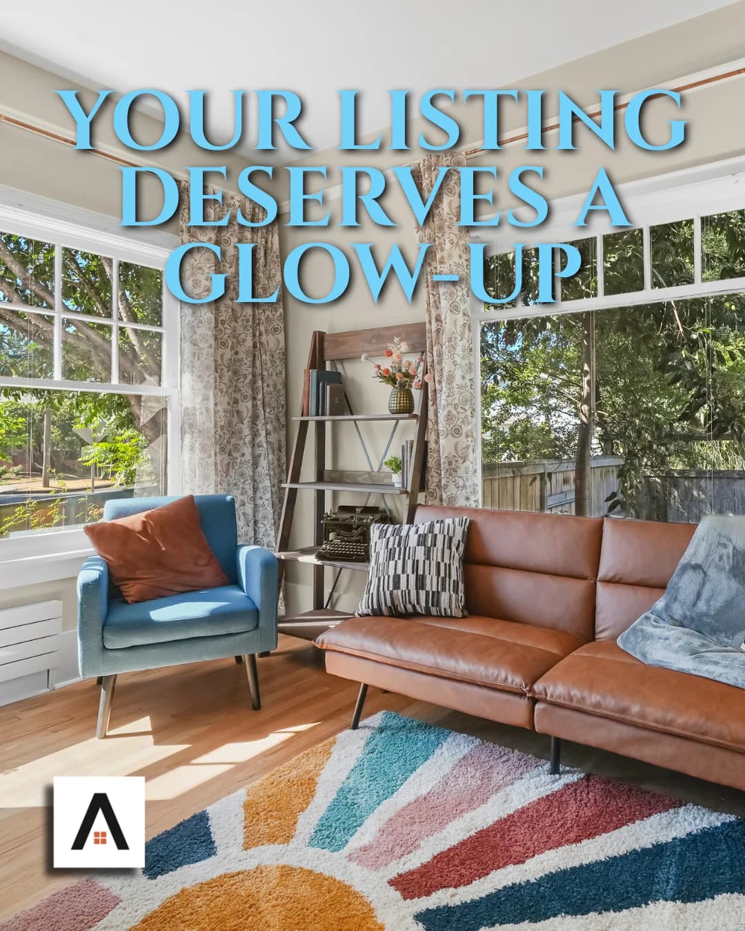 Your listing deserves a glow-up: a sunlit living room with a colorful rug