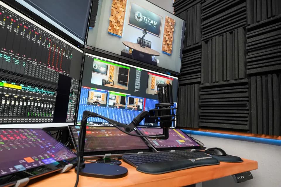 Audio meters, camera previews and live-production controls monitoring a Titan Podcasting recording session